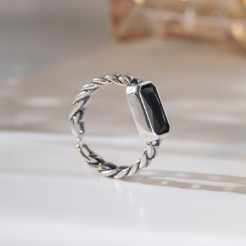 S925 Silver Black Agate Geometric Square Design Rings