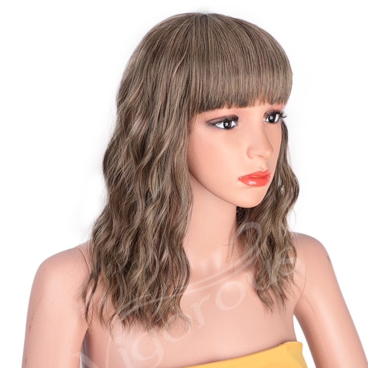 Vendors Colorful Fiber Brown Bob With Bang Cut Short Water Curly Heat Resistant Cheap Cosplay Synthetic Hair Wig