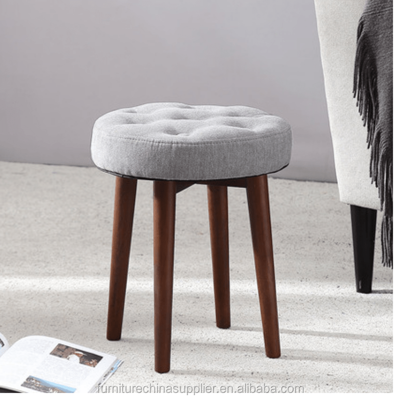 Wooden leg round Ottoman fabric covered wooden stool