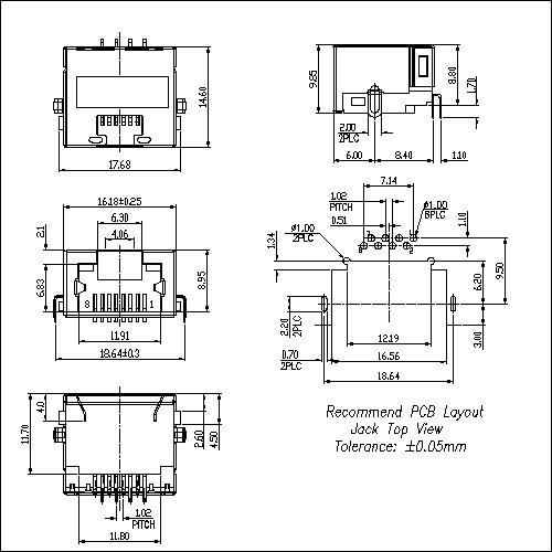 ATRJ5839-8P8C-X-A RJ45 8P8C Ultrathin Sink IN Type Without LED DIP H=8.8MM