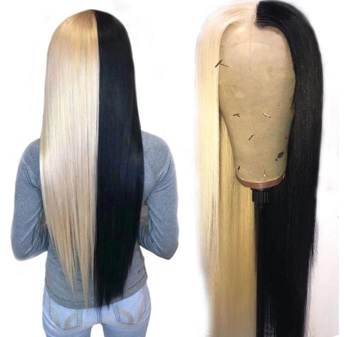 Sexy New Design Half Blonde 613 Half Black Hand Made Human Hair Front Lace Wig  Baby Hair 150% Density  Lace Front Wig For Women