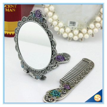 Circular Rose Design Classic Retro Makeup Mirrors One Side Ladies Handle Metal Cosmetic Mirrors