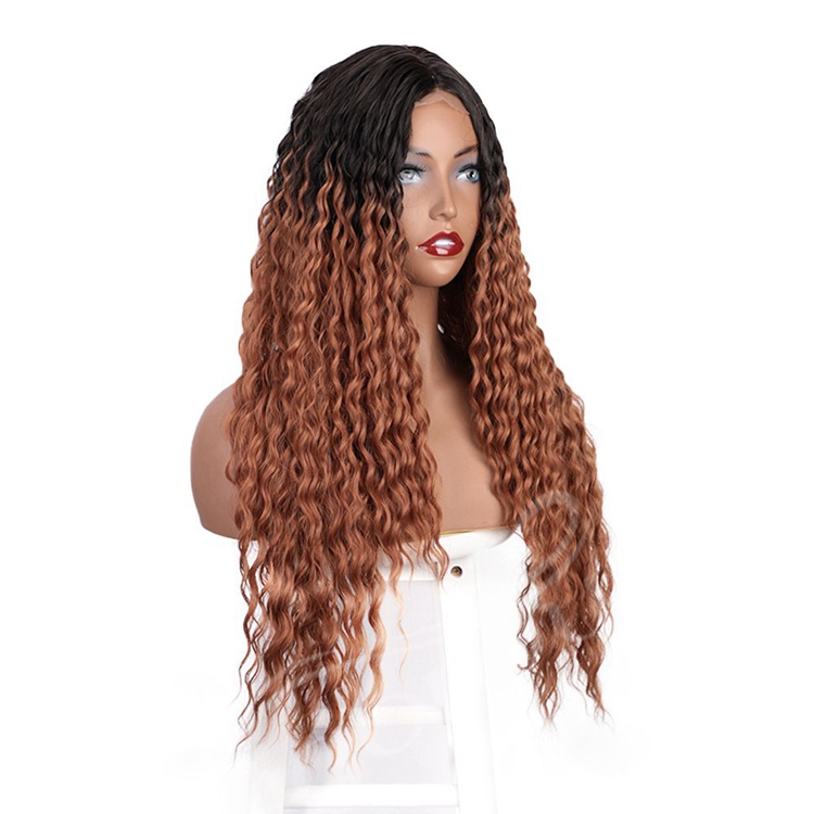 Vigorous High Quality Temperature Root Black Ombre Brown Small Lace Frontal Deep Wave Synthetic Hair Wig For Women
