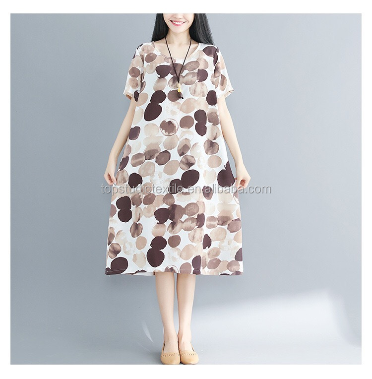 Plus size print linen women dresses circle print summer cotton linen casual dress