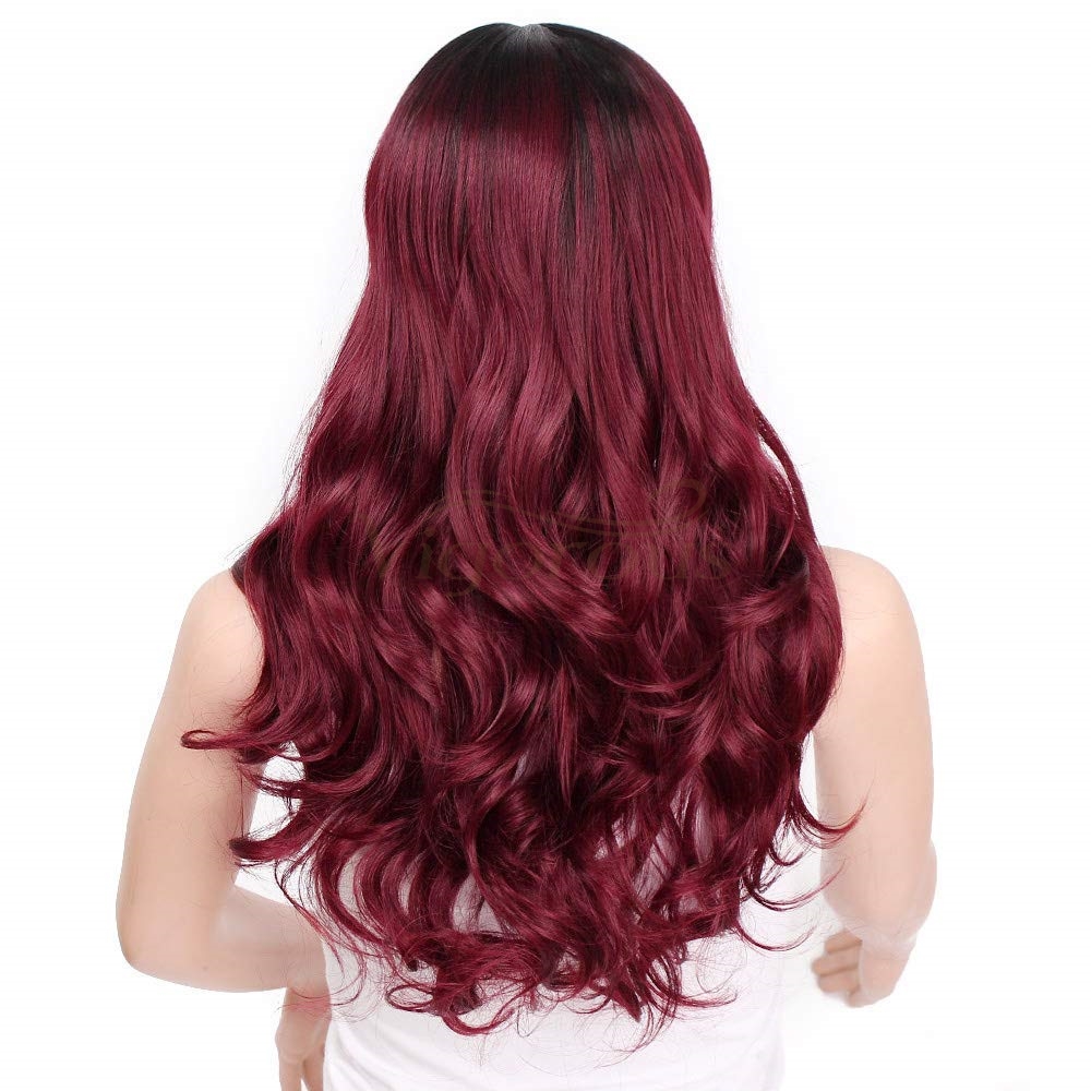 Vigorous Fiber for Women Long Curly Ombre Black to Red Wavy Synthetic Party Middle Part Cosplay Full Wigs