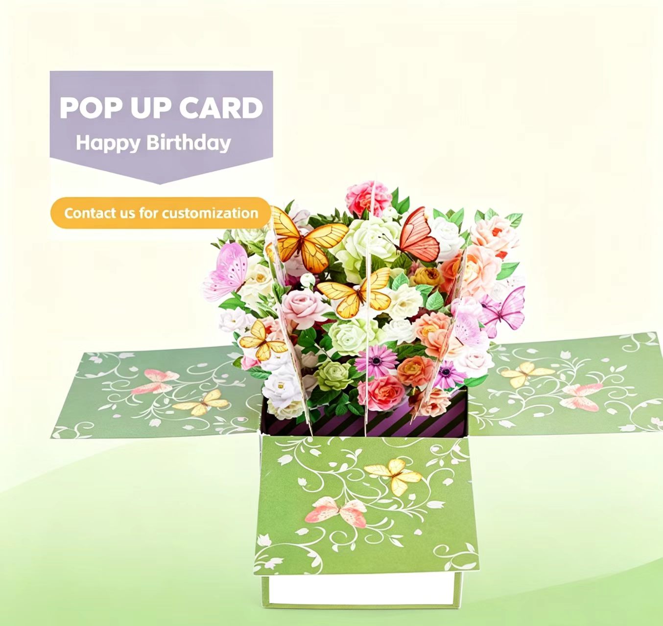 Kartki urodzinowe z kwiatami 3D w zielonym pudełku 3d green box birthday flower cards