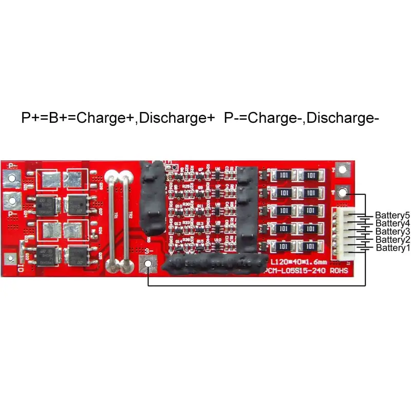 5s 15A PCM BMS for 18V 18.5V Li-ion/Lithium/ Li-Polymer 15V 16V LiFePO4 Battery Pack Size L120*W40*T7mm (PCM-L05S15-240)