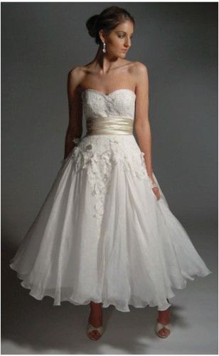 Handmade Sewing Ball Gown Strapless Tea - Length Wedding Dress / Bridal Gown With Sash