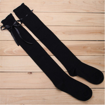 WSP-620 Funny Knee High Solid Color Women Socks Riband Black Knee High Socks