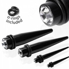 Ear Taper Black Acrylic Clear CZ Gem