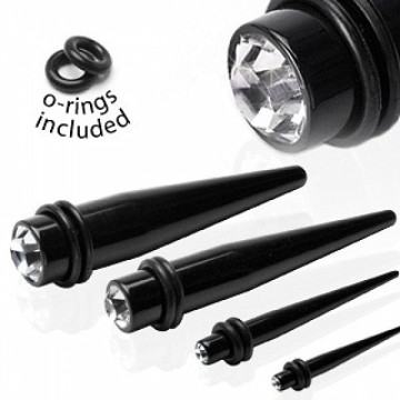 Ear Taper Black Acrylic Clear CZ Gem