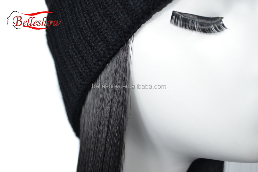 Hot sell long straight wig head Warm wool hat wig black woolen hat long straight hair Winter warm cap hair long straight hair