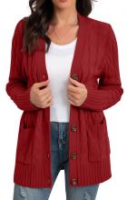 Women's Long Sleeve Loose Knit Cable Open Front Button Down Cardigan Sweater Outerwear Coat with Pockets