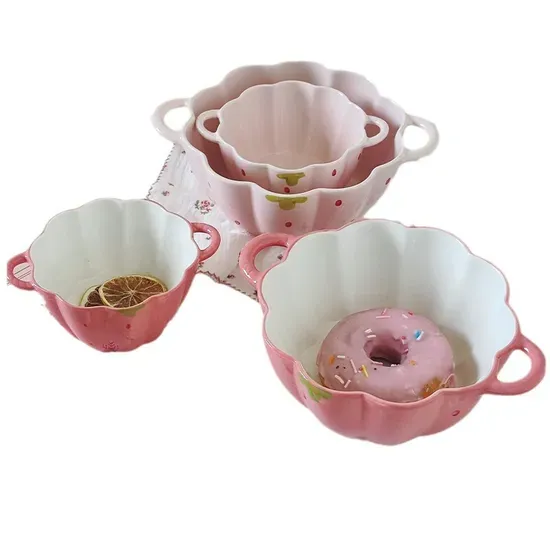 Cute Ceramic Double Ears Strawberry Petal Bowl