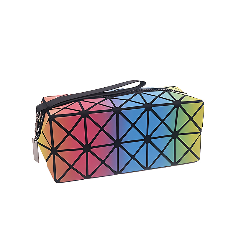 High quality bulk custom logo rainbow color PU geometric travel cosmetic bag for makeup