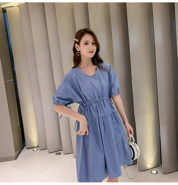 Summer Short-Sleeved Dress Loose Solid Color A-Line Skirt