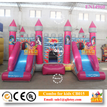 Inflatable bouncer pink castle shaped combo two slide bounce