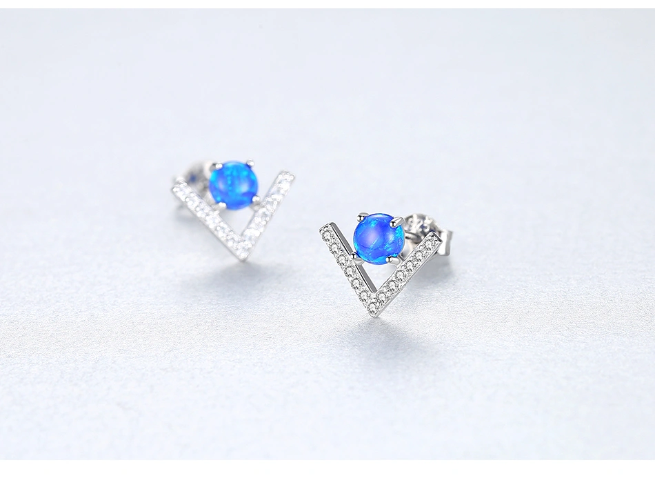 Trendy V Shape CZ S925 Silver Opal Stud Earrings