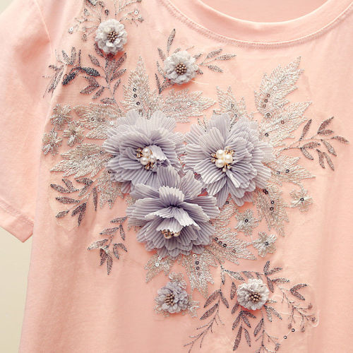 Women Cotton T-Shirt Fashion Embroidery Flower