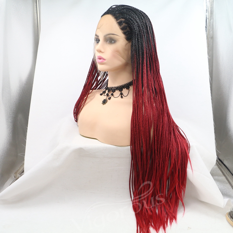 Long straight ombre black bug cheap wholesale high quality heat resistant synthetic braided wig lace front