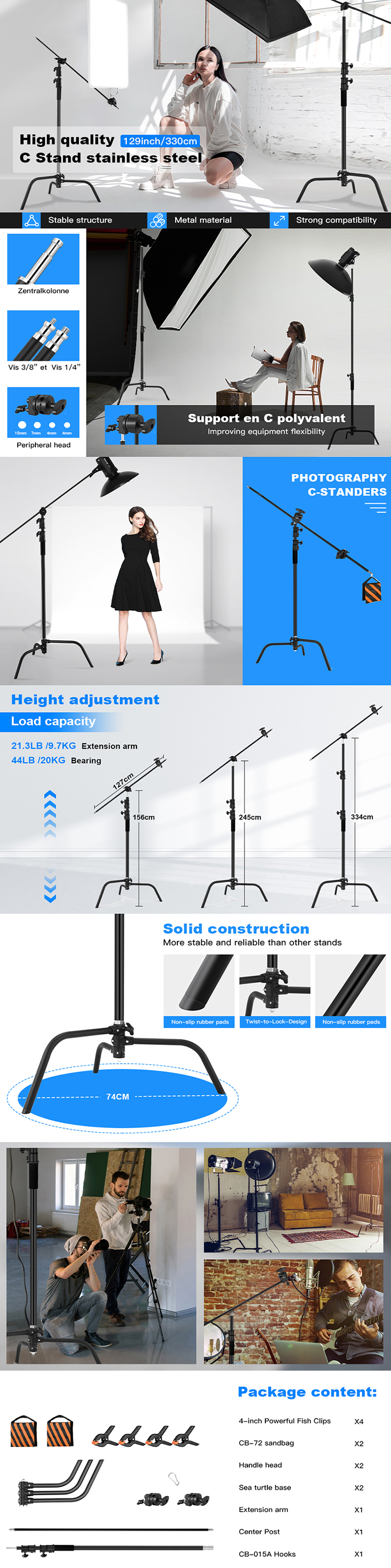 Soonpho C-Stand 3m Acier Inoxydable Heavy Duty Avec Bras 130cm - Kit Studio Photo Vidéo