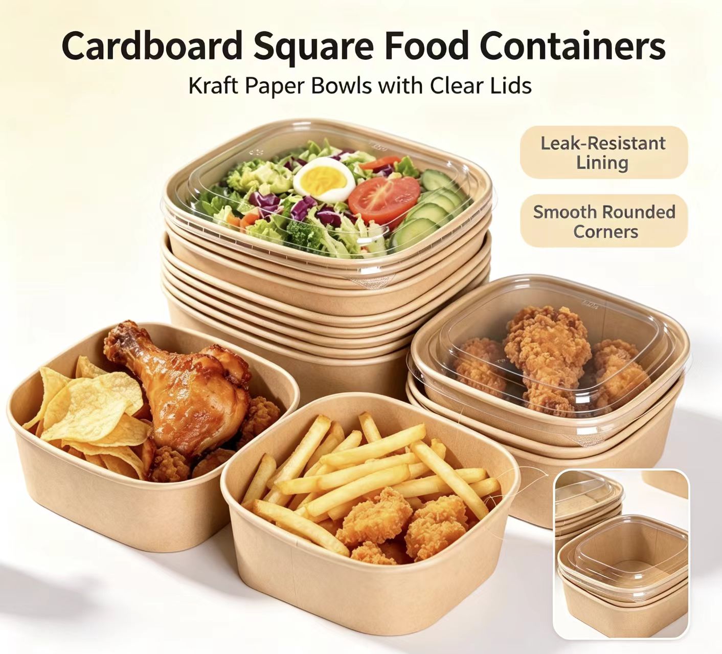 ชามคราฟท์สี่เหลี่ยมป้องกันการรั่วซึม Leakproof Square Kraft Bowl