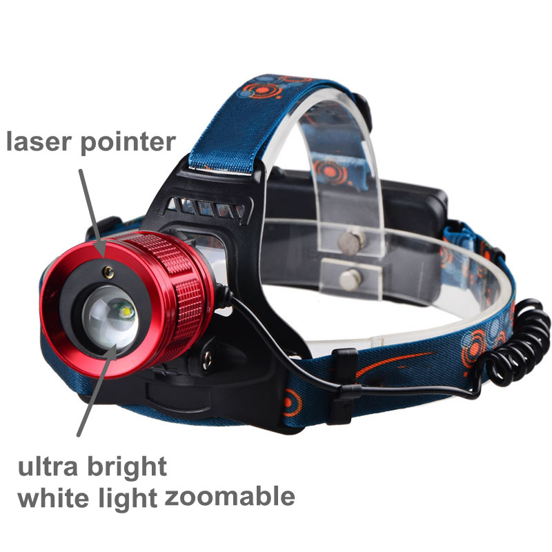 Laser Combination Headlight Rechargeable zoom Head torch Waterproof Headlamp With Red Laser Pointer