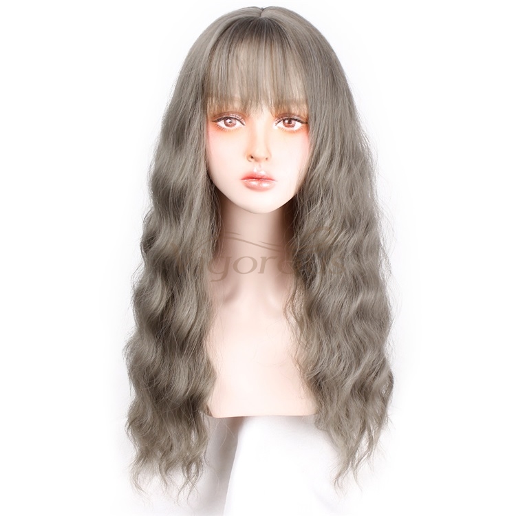 Vigorous 26 Inch Gray Long Wavy Wig with Bangs Beach Wave Curly Wig Heat Resistant Glueless Synthetic Wigs for Party Christmas