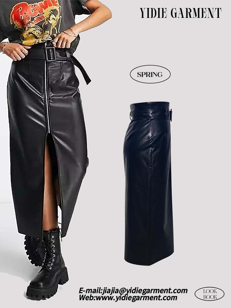 Black Faux Leather Belted Midi Skirt With Zip