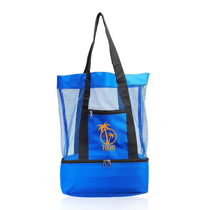 Custom Online Shop Lightweight Zipper Top Mesh Beach Tote Bag With Insulated Picnic Cooler Compartment