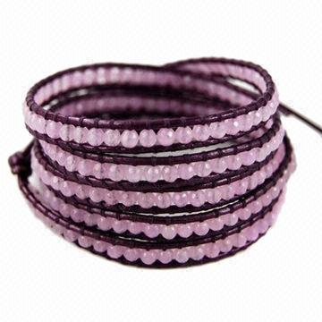 Lavender Jade Wrap Bracelet, Berry Leather Cord