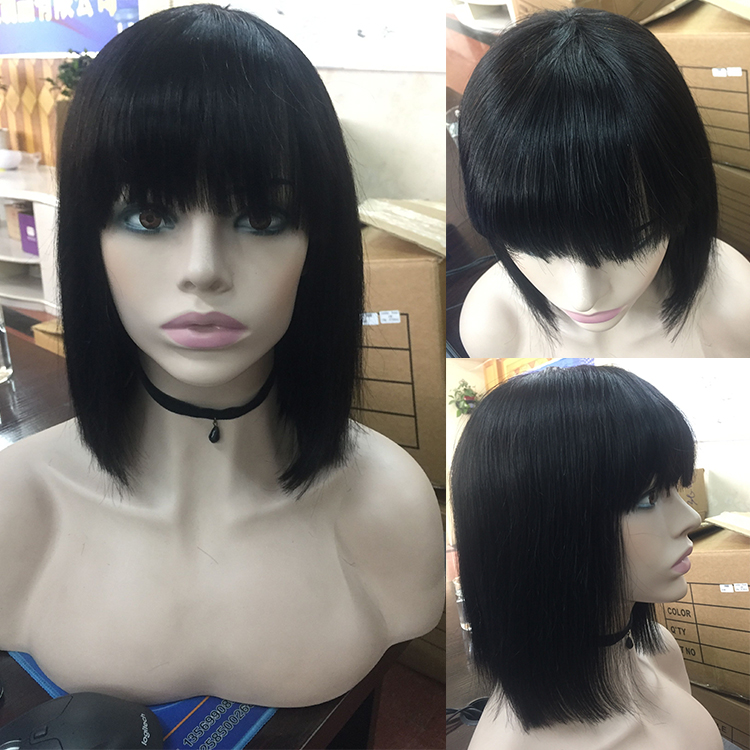 Wholesale Cheap short natural virgin hair bob cut Raw Indian human hair none lace wigs with bangs for black women