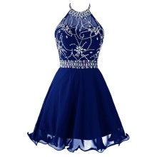 Mini Crystal Sequined Beading Halter Chiffon Short Prom Dresses for Homecoming, Evening Gowns & Graduation Parties