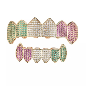 Latest Body Jewelry: Colored CZ Teeth Diamond Vampire Fangs in Gold