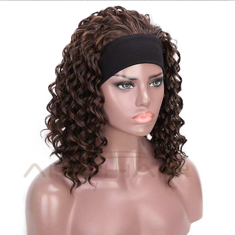 Aisi Hair 3/4 Half Wig Women's Short Full Curly Premium Synthetic Brown Hair Wig with Black Headband for Black Women