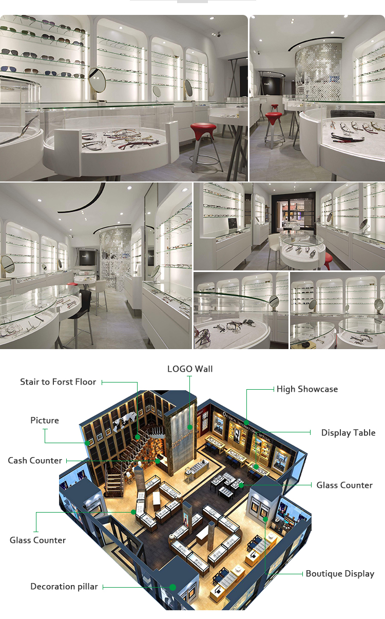 Mdf Baking Paint Optical Shop Showroom Equipment Display Furniture For Optical