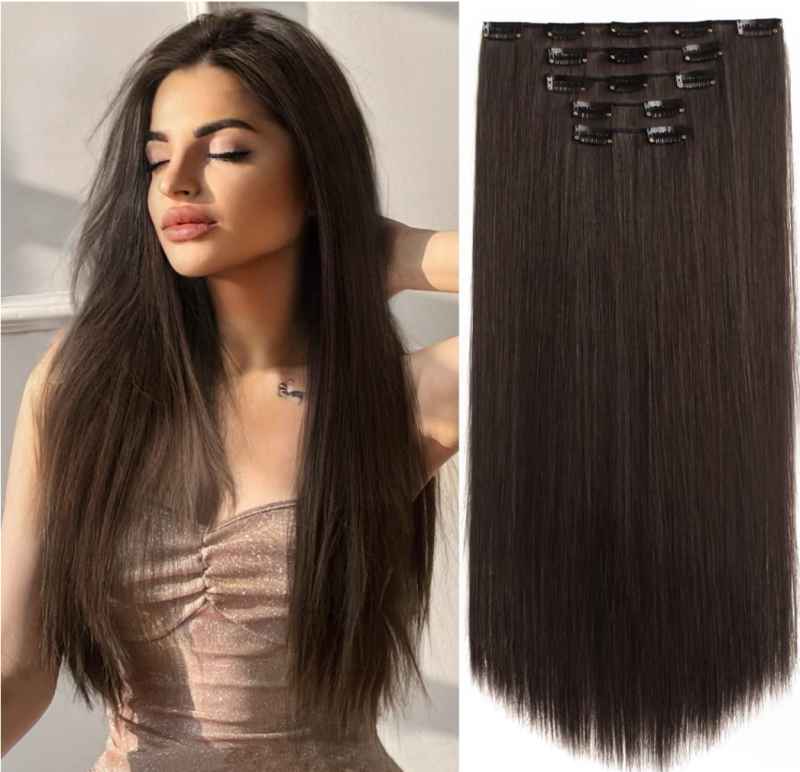 Dark Brown Straight Clip In Hair Extensions 22 Inch Synthetic Hair Pieces