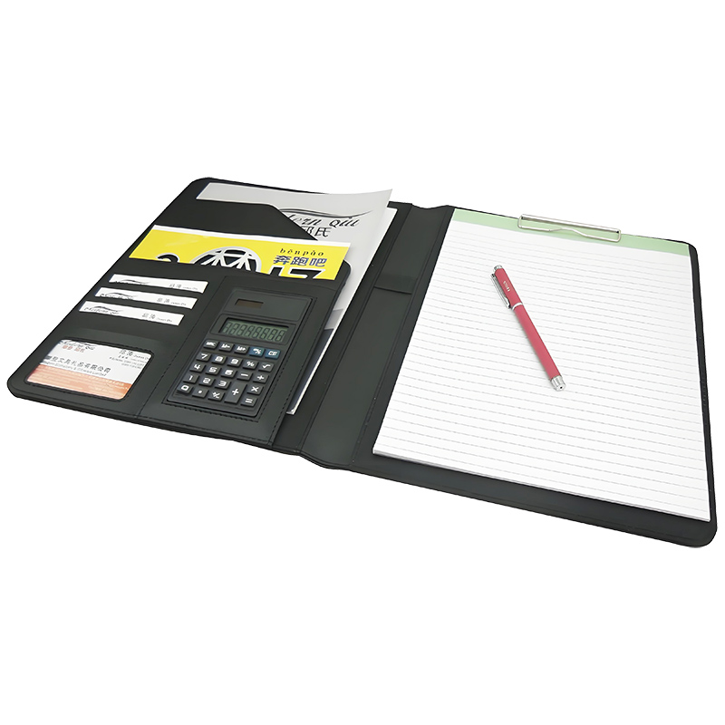 Modernqiu Custom Logo A4 Leather Briefcase File Folder with Calculator Business Portfolio for Office Use