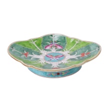 Hand Painted Blue Green Cabbage Bok Choy and Phoenix Peony Pattern High Footed Ceramic Fruit Plate