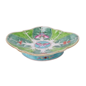 Hand Painted Blue Green Cabbage Bok Choy and Phoenix Peony Pattern High Footed Ceramic Fruit Plate