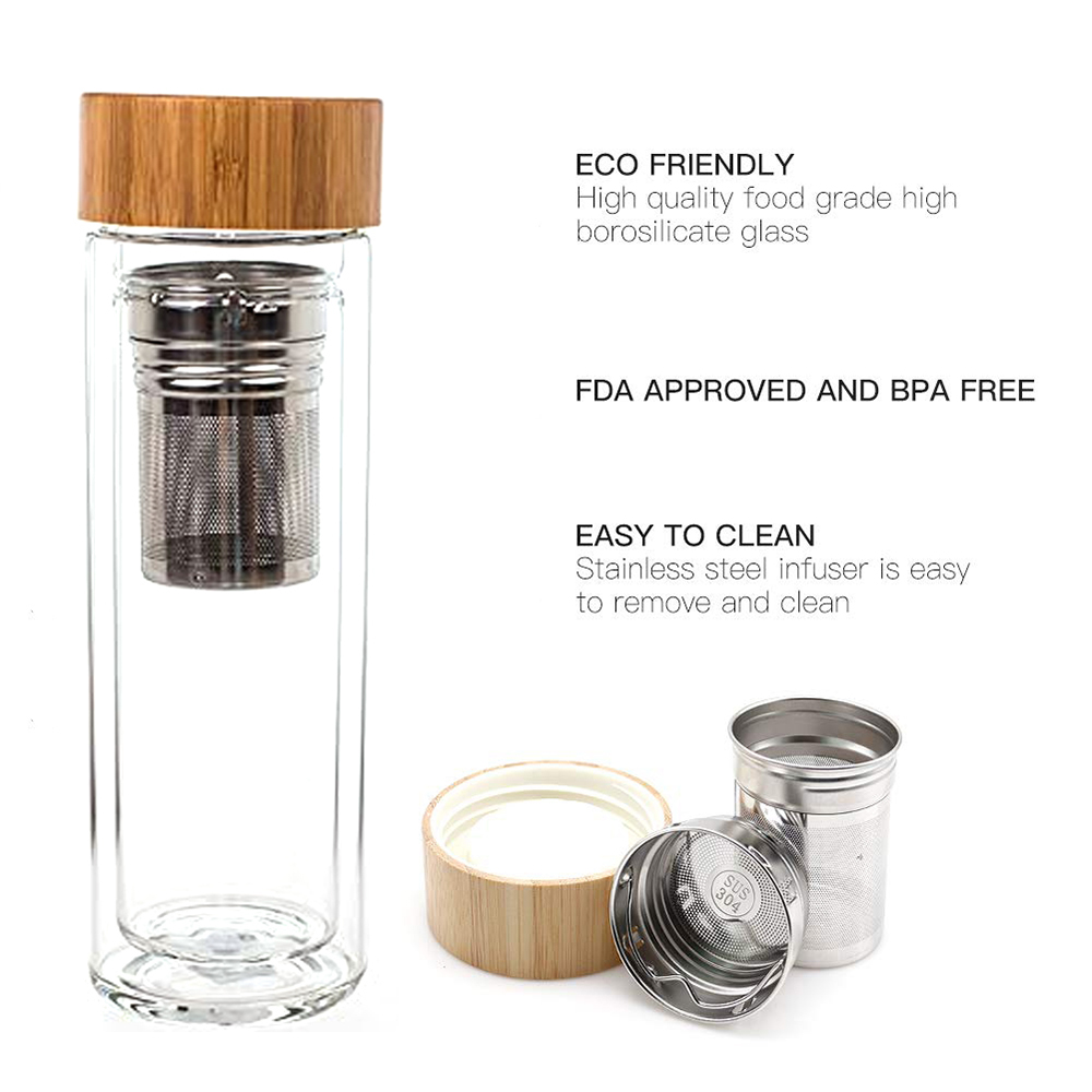 Custom 500ml bamboo lid double wall borosilicate glass tea fruit infuser filter water bottle