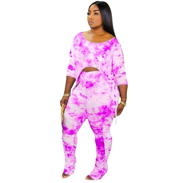 Superstarer New Arrivals Women Fashion Two Piece Set Tie Dye Stacked Pant Body Suits Bulk