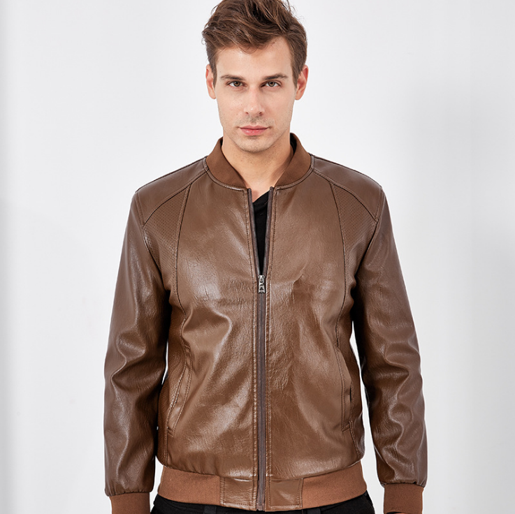 Men's Stand Collar Leather Jacket Motorcycle Lightweight Faux Leather Outwear