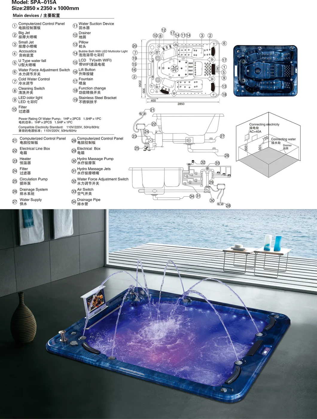 Deluxe 5 Person TV Whirlpool Massage Underground Hot Tub SPA