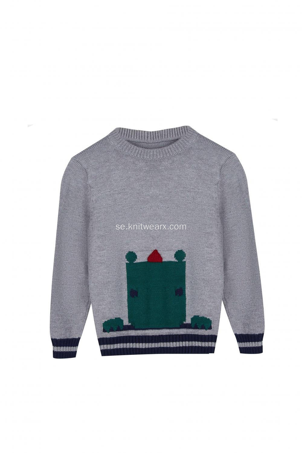 Boy's Stickad Jacquard Castle Crew Neck Pullover