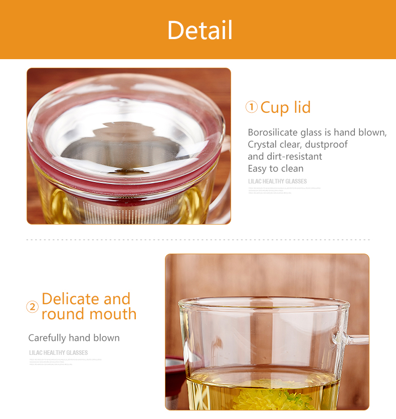 Échantillon gratuit lilas 480 ml / 500 ml fabricant fournisseur en gros tasse personnalisée thé vert luxe tasses en verre transparent avec couvercle et infuseur