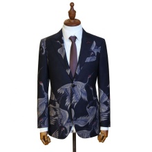 Slim Fit Black Wool Blazer with Printed Button Design