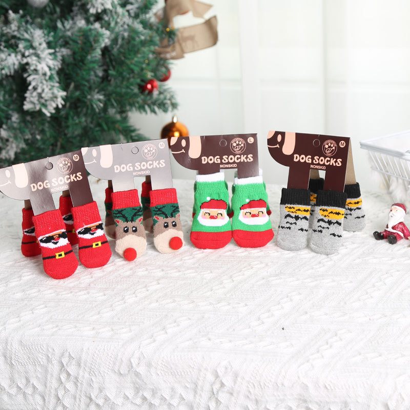 Santa Socks Pet Dogs Cats Small and Medium-sized Dogs Fall and Winter Warmth Elastic Shoes Accessories Supplies