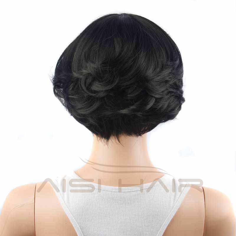 Factory Wholesale Price Short Black Wave Hair , Wigs With Side Bangs , Synthetic Pixie Cut Wigs For Black Women