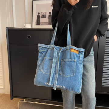 Japanese Vintage Denim Handbag with Monogram Print and Two Straps